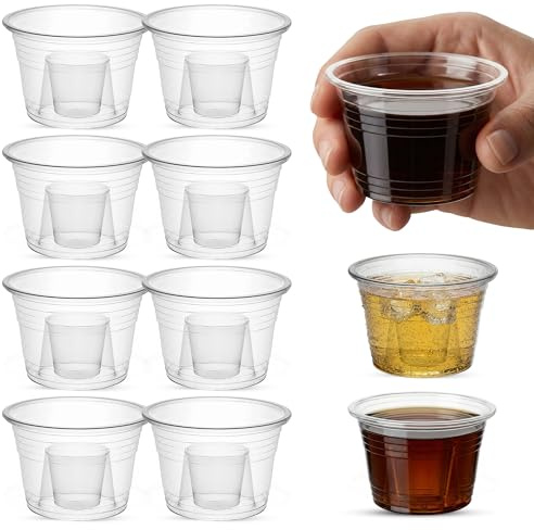CHEF ROYALE 100x 25ml Plastic Shot Glasses - Strong & Durable Mini Reusable Party Cups for Sampling, Tastings, Events & Celebrations