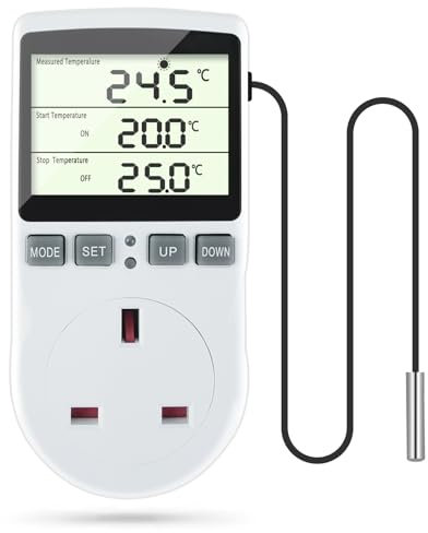 DoRight Digital Temperature Controller, Thermostat Plug UK Socket with LCD Screen Sensor Probe, 220V/13A Digital Timer Reptile Thermostat Heating Cooling for Greenhouse Farm Terrarium Reptile