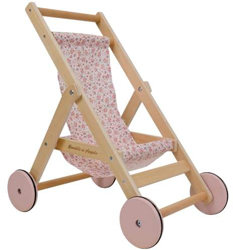 Bandits & Angels Puppenbuggy Lovely Flowers aus Holz – ab 2 Jahren – Puppenwagen aus Holz – für Puppen bis 50 cm – Puppenwagen Rosa mit Blumen – Puppenbuggy