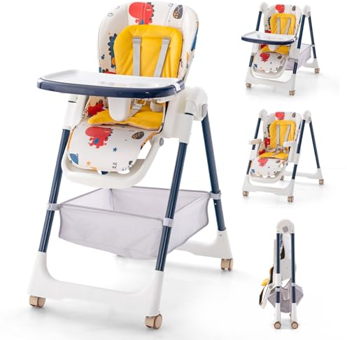 COSTWAY Hochstuhl klappbar, Babystuhl Höhenverstellbar mit Liegefunktion, Aufbewahrungskorb, verstellbarer Rückenlehne, Doppeltablett, Kinderstuhl mit 5-Punkt-Gurt für 6-36 Montate (Dinosaurier)