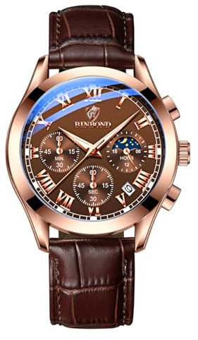 JewelryWe Men's Leather Quartz Watch: Multifunction 3ATM Waterproof Wristwatch Luminous Hands Day Night Indicator Date Function Chronograph Stopwatch