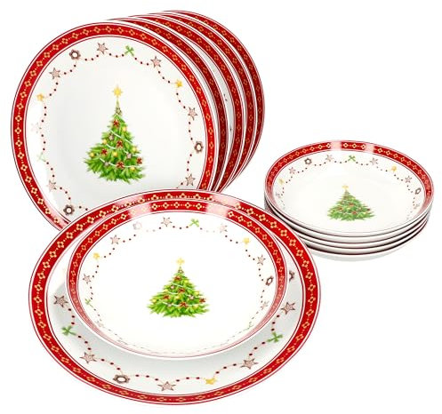 MamboCat Weihnachtstraum Service de table 12 pièces I Vaisselle en porcelaine pour 6 personnes avec décor de Noël I 6 assiettes plates et 6 assiettes creuses 400 ml