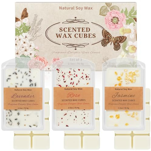 SCENTORINI Doftvax, vaxkuber 3 dofter rosa, lavendel och jasmin | för smältning av aromatiska dofter aromatiskt sojavax, rumsdoft, inomhus, hem, rum, badrum