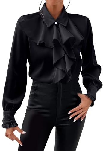 Satin Shirt Top For Women Bow Tie Ruffle Layered Decoration Shirt Women's Tunic Tops Long Sleeve Collar V Neck Button Down Ruffle Blouse Victorian Shirts Tops Casual Ladies Blouses T-shirts Formal Top