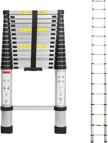 2,6M/3,2M/3,8M/4,4M Alu-Teleskopleiter Aluminium Klappleiter Rutschfester Sicher Aluleiter Mehrzweckleiter Stehleiter Ausziehleiter Tragbar Leichte Leiter 150 kg Belastbarkeit
