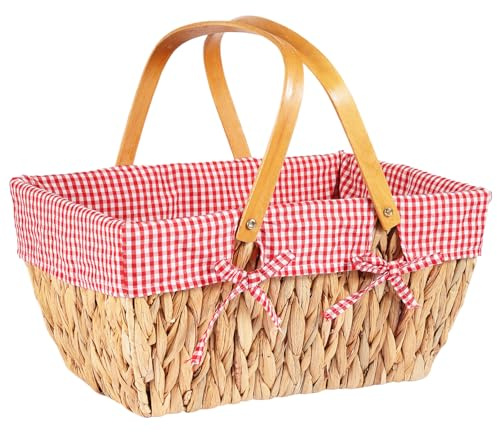 Panier de Pique-Nique en Osier avec Double Poignées Pliantes, Panier en Saule Tissé à la Main pour Pique-Niques Fêtes Barbecues Pâques Bonbons, Doublure Rouge