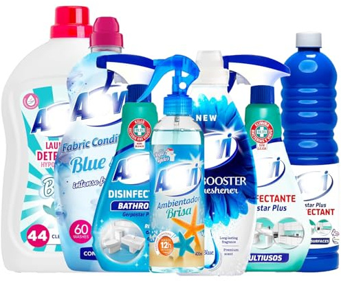 7 Piece Spanish Cleaning Products Bundle – Air Freshener 400ml, Floor Cleaner 1L, Fabric Conditioner 60W, Scent Booster 720ml, Multi Surface Disinfectant 750ml, Bathroom Cleaner, Laundry Detergent