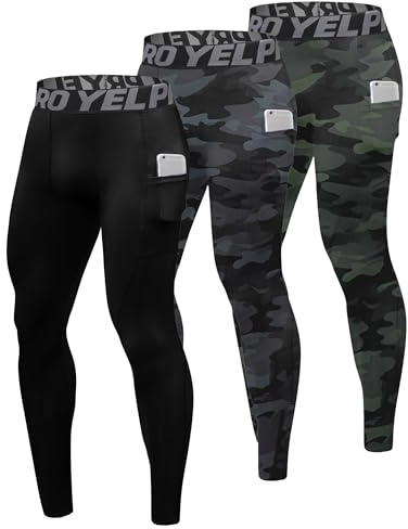 Yuerlian Camo Black Green 3 Pack Compression Running Leggings for Men Athletic Workout Base Layer Pants Quick Dry Gym Tights for Sports Football Training with Pockets