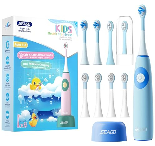 Seago Spazzolino da denti elettrico per bambini dai 5 ai 8 anni, Spazzolino da denti elettrico per bambini con stazione di ricarica, senza BPA, manico antiscivolo in silicone alimentare, (Blu)