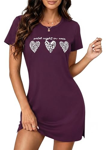 Jahetuul Chemise de Nuit Courte Femme Manches Courtes Col Rond avec Imprimé Cœur et Fente au Bas Robe de Nuit Confortable pour la Maison