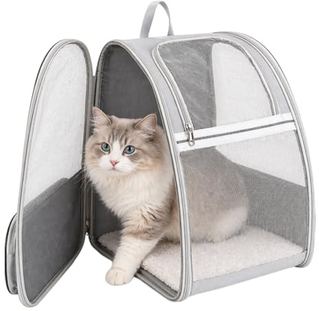 PRITOK Mochila para gatos grandes: mascotas para gatos y perros pequeños de 8 kg, mochila de diseño transpirable, bolsa de transporte para gatos, mochila gris para senderismo y viajes (41 x 29 x 35 cm