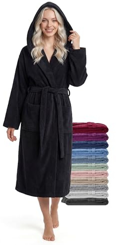 jazzylab Peignoir Femme Mi-Long avec Capuche – 100% Coton Éponge 380 g/m² – Peignoir de Bain, Spa et Maison, Longueur Mi-Mollet, Doux, Absorbant, Tailles S–XXL