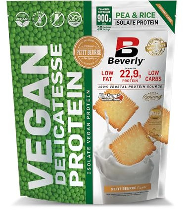Beverly Vegan Delicatesse - Proteína vegana de guisante y arroz - 900 g - 30 Servicios - 23,5 g de proteína por ración - Sabor Petit Beurre - Tonifica la masa muscular - Sin alérgenos animales
