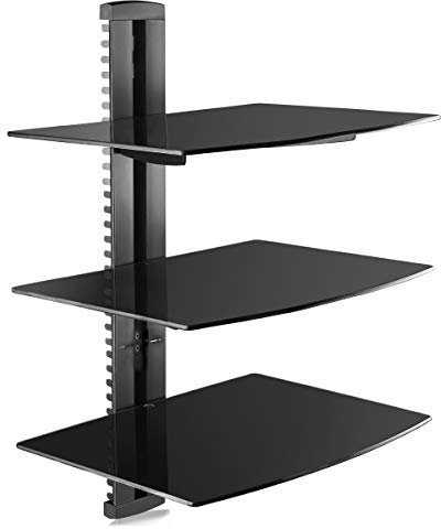 Suptek 3 Floating Regal Multimedia Wandregal TV Rack Wandhalterung Mit Verstärktem Gehärtetem Glasregal Für DVD-Player/Kabel-Boxen/Spielkonsolen/TV Zubehör Schwarz 1+2 Regale CS303