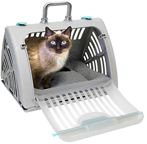 SportPet Designs Sport Pet Foldable Travel Cat Carrier with A Waterproof Bed - Front Door Plastic Collapsible Carrier, Gray (CM-10064-CS01)