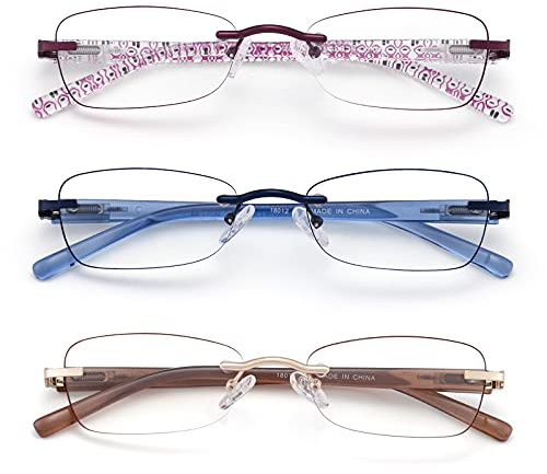 LOVIVY 3 Pack Rimless Reading Glasses for Women Blue Light Blocking Readers Tinted Edge Spring Hinge Pattern Print Arm Eyeglasses Mix 1.50