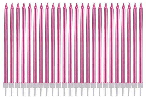 Metallic Happy Birthday Candles Tall Birthday Cake Candles Holders Long Thin Cupcake Candles Topper for Wedding Party Decoration (24pcs Metallic Pink)