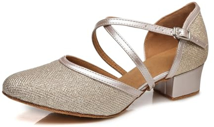 MINITOO Damer glitter salsa tango balsal latindansskor t-rem stängd kväll fest bröllop skor, L481 champagnefärgad klack 6 cm, 39 EU