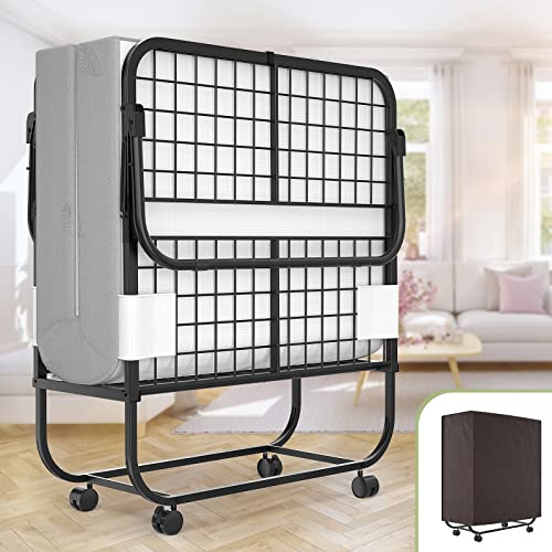 Unikito Folding Bed with Mattress for Adults, 75 x 31 Cot Size Portable Rollaway Guest Bed with Memory Foam Mattress and Metal Frame on Wheels, Space-Saving Folded Design, Storage Cover Included