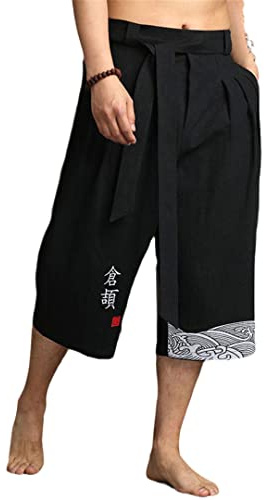 BeerMmay Kimono Japonés Tradicional para Hombres - Pantalones de Baño Estilo Asiático Casual Suelto - Yukata de Lino Recortado - Negro 2XL para Peso 75-85KG