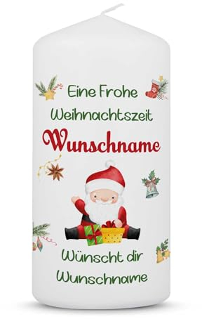 GRAVURZEILE Bedruckte Weihnachtskerze - Fröhliche Weihnachtszeit - Personalisiert mit Name - Dekoration zu Weihnachten - Geschenk zu für Sie & Ihn - Stumpenkerze 120/58 mm - Farbe: Kleine Kerze