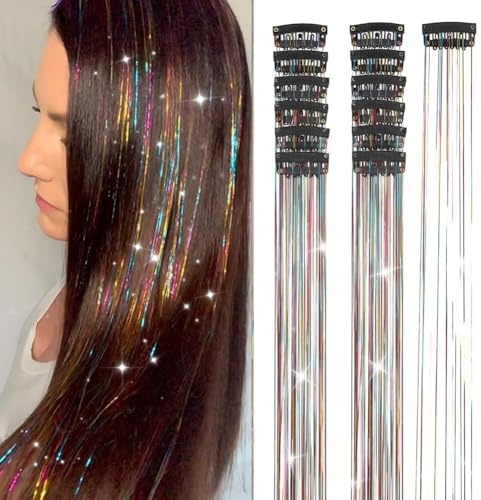 Hair Tinsel 12Pcs Clip in Rainbow Hair Accessories 20.5 Inch Fairy Hair Tinsel Kit for Women Girls Glitter Extensions for Christmas Halloween New Year Party (Rainbow)