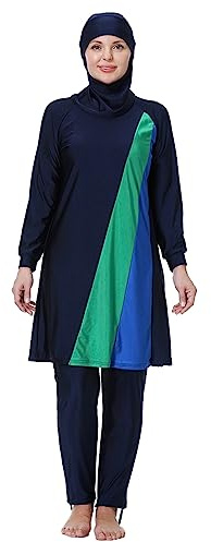 Plus Size Swimsuit Women Muslim Full Coverage Modest Swimwear Islamic Burkini Swimsuit Rash Guard Top Dress Pants Cap 3PCS Surfing Bathing Suits Wetsuit UV Protection Navy Blue Color Block g 5XL