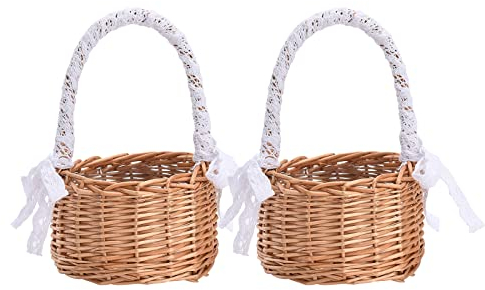 2 Stück Hochzeits-Blumenmädchen-Körbe, Weidenkorb, Rattan-Blumenkorb mit Griff, Blütenblattkorb, Süßigkeiten-Aufbewahrungskorb, Rattan-Box, Heimdekoration