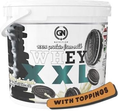GN Nutrition Premium Whey 100% XXL - 4 kg | Sabor WHITE CHOCOLATE & BLACK COOKIES Con TOPPINGS | Proteína Whey con DigeZyme y Vitamina B6 | Recuperación Muscular y Entrenamientos Intensos
