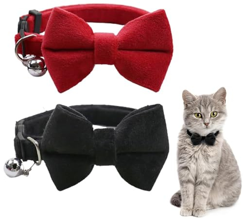 RTRTGS 2 Pezzi Collare in Velluto per Gatti con Papillon e Campana, Regolabile per Gattino Piccolo Cucciolo con Sicurezza