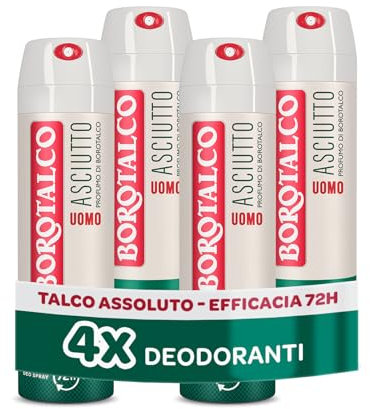 Borotalco, Deodorante Uomo Spray Asciutto Originale, con Talco Assoluto, Assorbe il Sudore, Senza Alcool, Profumo Borotalco, 72h efficacia - 4 Pezzi da 150 ml - Esclusiva Amazon