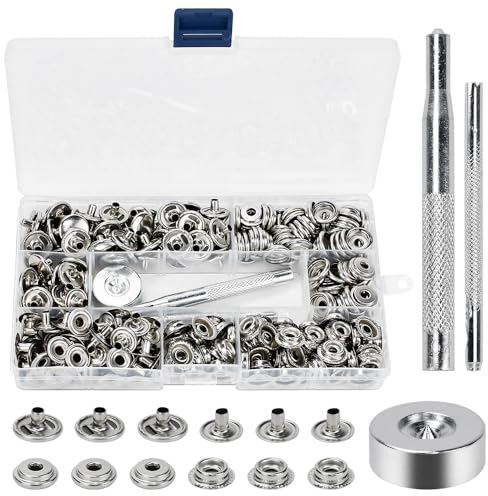 HEKOBAG Druckknöpfe Set, 300 Stück (75 Sätze) Canvas Snap Button 15mm Druckknöpfe Metall Kleidung Druckknopf Canvas Snaps Fastener Kit mit Fixierwerkzeug für Kleidung Leder Jeans Nähen