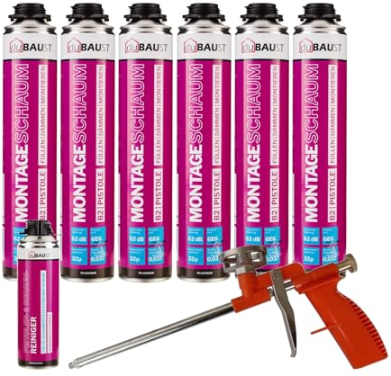 dubaust MSP24 Mousse de construction pour pistolet 750 ml Kit combiné mousse insonorisante haute isolation thermique B2 (avec nettoyant PRS24 500 ml + pistolet à mousse compact, 6 x 750 ml)