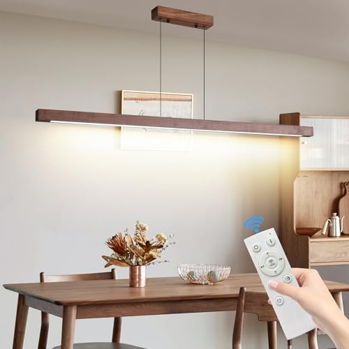 Mikeru 120CM LED Pendelleuchten Esstisch, 40w Walnuss Lineare Hängelampe Dimmbar Mit Fernbedienung, 10%-100% Pendelleuchte Einstellung Pendelleuchte Esstisch Holz 3000K/4500K/6500K für Küche