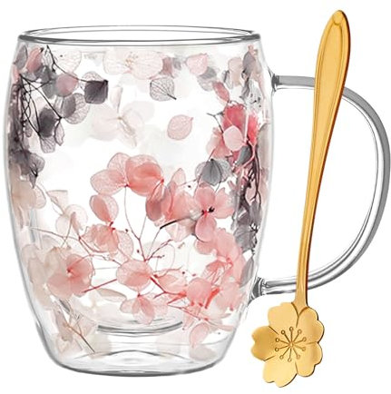 Regalo Mujer Tazas de Vidrio de Doble Pared con Flores Tazas de Café o Té con Asa Novedoso Regalo de Cumpleaños o Navidad Para Mujere,Amigas,Mestras Madres