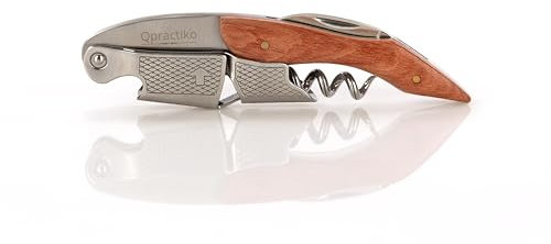 Qpractiko - Cavatappi a Due Tempi Gourmet Plus | Professionale e Elegante | Manico in Legno Nobile | Spirale in Acciaio Inox Rinforzato | Lama per Sega e Apriscatole, Acciaio Inossidabile