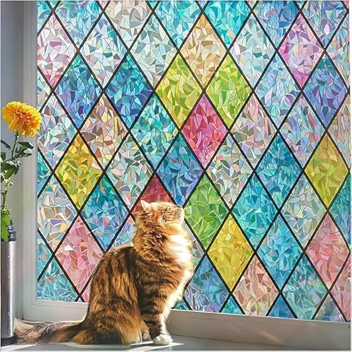 Beautysaid Rainbow Stained Glass Window Film Privacy Multicolour 115x400cm | Static Cling 3D Diamond No Glue Sun Catcher UV Protection Anti Glare for Bathroom Bedroom Living Room Sash Windows Removable
