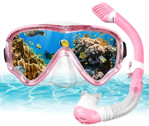 AOOSA Schnorchelset Kinder, Trocken Schnorchelset Kinder Anti-Fog Panorama, Taucherbrille Kinder mit Schnorchel, Anti-Leck Tauchmaske Dry Schnorchel Wasserdichte Schnorchelbrillen Schnorcheln Set Rosa