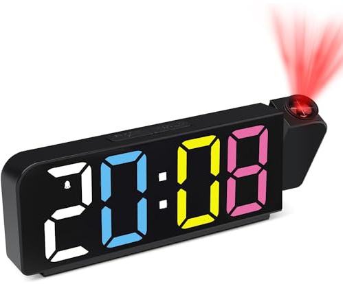 Tisaika Digital Alarm Clock Bedside Projection 7.9'' LED Alarm Clocks with Colorful Digit 180° Rotatable Projector Adjustable Brightness Temperature Date Snooze Night Mode Time Memory for Bedroom Home