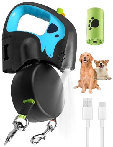 Lorrtta Laisse Double Rétractable pour 2 Chiens avec Torche Rechargeable et Boîte à Déchets, 3m x 20kg, 3 Modes d'éclairage, Bande en Nylon 360° Anti-Enchevêtrement, Poignée Antidérapante