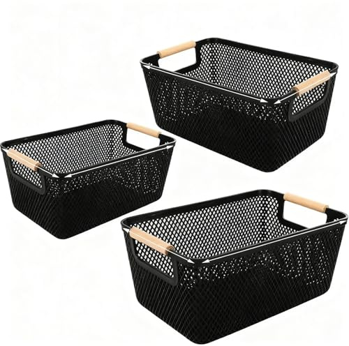LDHHYH 3Pcs Mesh Wire Storage Basket, Large Wire Breathable Storage Baskets with Wooden Handle, Portable Multipurpose Vegetable Basket Organizer for Home Office Kitchen, Black