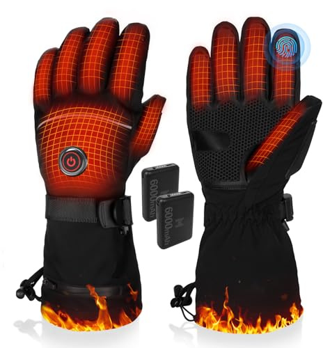 PEKWZIZ Guanti Riscaldanti, 5V 6000mAh Elettrico Ricaricabile Guanto Riscaldante per Uomo Donna, 3 Livelli di Riscaldamento Guanti Invernali Impermeabili Touch Screen per Sport - Moto, Bici, Sci