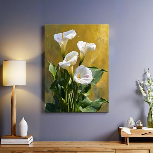 Giallo Dorato Quadro su Tela Dipinto a olio di calla bianca 50 x 40 cm Stampa Artistica Moderna con Cornice Decorazione Murale per Soggiorno Camera da Letto Ufficio Bagno Cucina