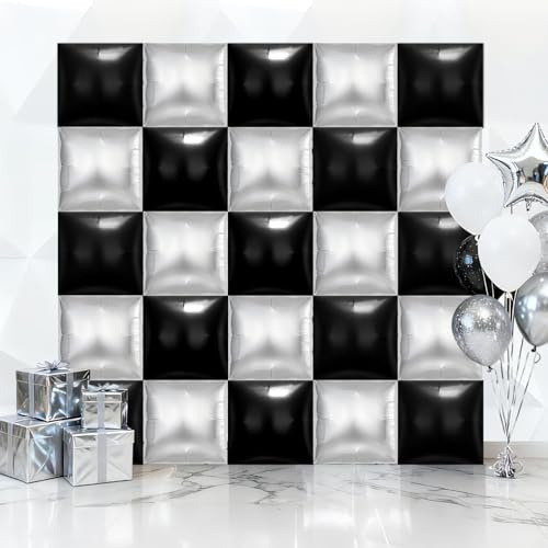 25 Pcs Black and Silver Square Balloons, Metallic Square Foil Balloons Wall Backdrop, Double Sided Mylar Balloons Tunnel Arch Kit for Anniversary Wedding Birthday Baby Shower Party Decorations