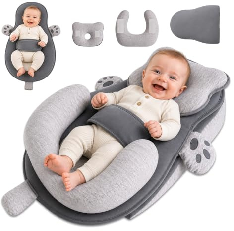 WDKXCN Réducteur de Lit Bébé, 15° Coussin Anti Reflux Bébé Ergonomique avec Coussin en Silicone et Repose-Pied en U, Détachable et Lavable Cale Bébé pour Nouveau-Nés, Réduire Les Régurgitations, Gris