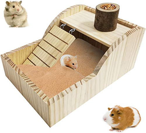 PINVNBY Hamster Sand Badebox Holz Duschraum Graben Sand Badewanne Container mit Kletterleiter Schüssel Badezimmer für Zwerg Syrische Mäuse Mäuse Rennmäuse und andere Kleintiere