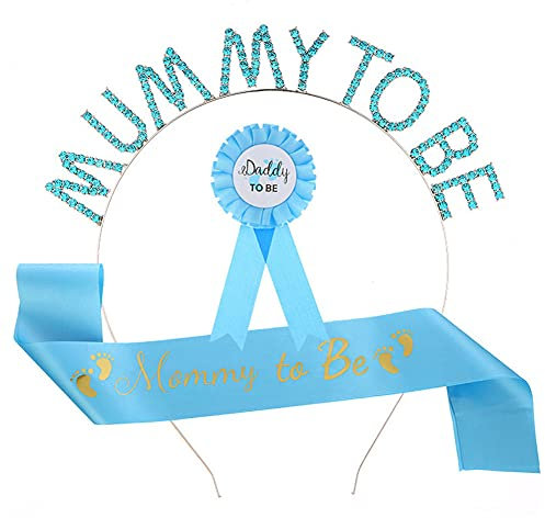 Camelliass Écharpe et diadème « Mummy To Be » avec strass pour future maman, bandeau en satin pour fête prénatale, cadeaux (bleu)