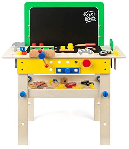 PlayHouse | Wooden Toy Tool Set Work Bench, Kids Pretend Play Tool Bench Workshop for Children, 2+