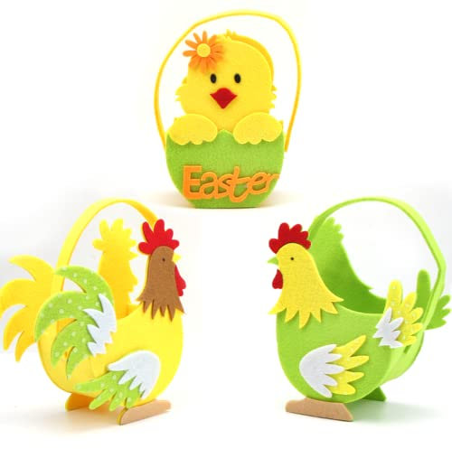 Panier de Pâques en Feutre, 3 pièces Panier de Poussin de Pâques, Panier de Oeufs de Pâques pour Enfants, Panier avec Anse Tissus, Panier de Pâques en Feutre à remplir