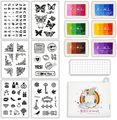 BITEYI Juego de Sellos Transparentes,6 Sellos Transparentes de Silicona,1 Bloque de Sello Acrílico,6 Almohadillas de Tinta de Colores,1 Bolsa de Almacenamiento,para álbum de recortes (CSS4)